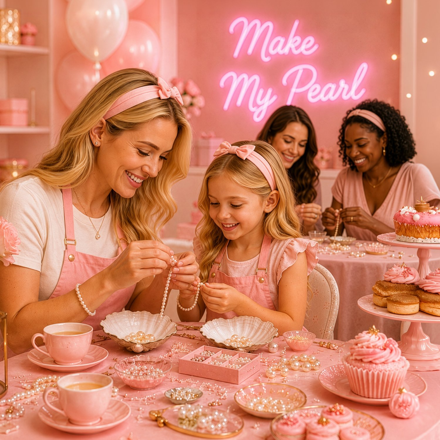 Hand picking a single pearl from a beautiful spread of pearls, jewelry, and soft pink flowers on an elegant boutique table